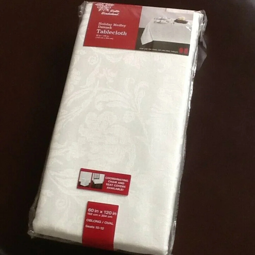 brand new WHITE Holiday Medley Damask 60x120 inch Tablecloth (Seats 10 to 12)